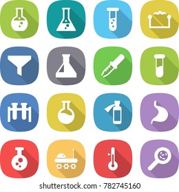 flat vector icon set - round flask vector, vial, electrostatic, funnel, pipette, test, potion bottle, stomach, chemical, lunar rover, thermometer, viruses