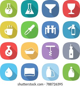 flat vector icon set - round flask vector, funnel, wineglass, hot drink, pipette, test vial, potion bottle, chemical, washing, corkscrew, vegetable oil, drop, sponge, shampoo, cleanser