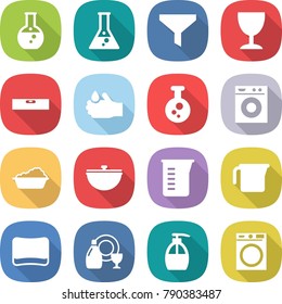 flat vector icon set - round flask vector, funnel, wineglass, level, acid, chemical, washing machine, cauldron, measuring cup, sponge, dish cleanser, liquid soap