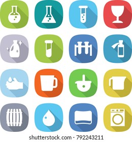 flat vector icon set - round flask vector, vial, wineglass, cleanser, test, potion bottle, acid, cup, ladle, measuring, barrel, drop, sponge, washing machine