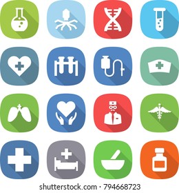 flat vector icon set - round flask vector, virus, dna, vial, heart cross, test, dropper, medical hat, lungs, health care, doctor, ambulance sign, hospital, mortar, pills bottle