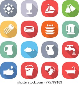 flat vector icon set - round around vector, fragile, sail boat, flippers, jellyfish, inflatable pool, plate washing, kettle, jug, fish, water tap, hand drop, foam bucket, wiping, bath