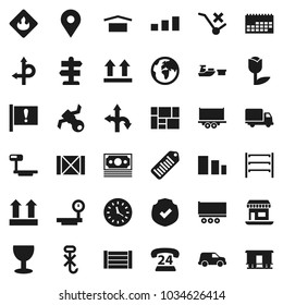 Flat vector icon set - route vector, signpost, earth, map pin, attention, office, satellite, money, phone 24, truck trailer, delivery, car, clock, calendar, port, wood box, consolidated cargo, glass