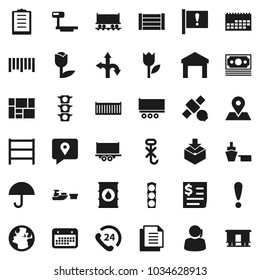 Flat vector icon set - route vector, earth, map pin, Railway carriage, attention, satellite, money, traffic light, phone 24, support, traking, truck trailer, sea container, calendar, receipt, port
