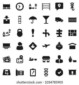 Flat vector icon set - route vector, signpost, navigator, Railway carriage, attention, office, plane, money, traffic light, phone, support, client, traking, truck trailer, sea container, car, clock