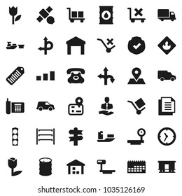 Flat vector icon set - route vector, signpost, navigator, map pin, satellite, traffic light, phone, client, ship, delivery, car, clock, calendar, port, document, cargo, no trolley, tulip, warehouse