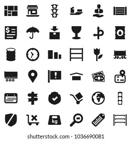 Flat vector icon set - route vector, signpost, navigator, earth, map pin, Railway carriage, attention, office, money, traffic light, client, ship, truck trailer, clock, calendar, receipt, wood box