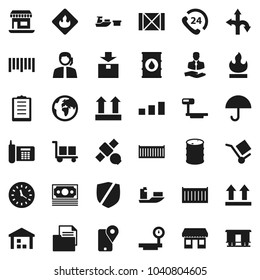 Flat vector icon set - route vector, earth, office, satellite, money, phone, 24, support, client, traking, ship, sea container, clock, port, wood box, clipboard, document, cargo, umbrella, top sign