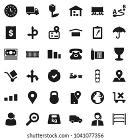 Flat vector icon set - route vector, navigator, earth, map pin, Railway carriage, money, traffic light, phone, support, traking, sea container, delivery, car, clock, receipt, port, clipboard, glass