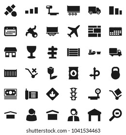 Flat vector icon set - route vector, signpost, office, plane, satellite, money, traffic light, phone, support, truck trailer, sea container, delivery, calendar, port, wood box, consolidated cargo