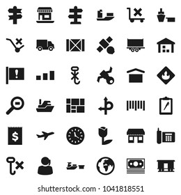 Flat vector icon set - route vector, signpost, earth, attention, office, plane, satellite, money, phone, support, ship, truck trailer, delivery, clock, receipt, port, wood box, consolidated cargo