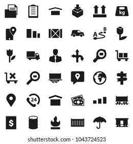 Flat vector icon set - route vector, signpost, earth, map pin, Railway carriage, money, phone 24, client, traking, truck trailer, sea container, delivery, car, receipt, wood box, clipboard, document