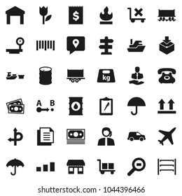 Flat vector icon set - route vector, signpost, Railway carriage, office, plane, money, phone, support, client, traking, ship, truck trailer, car, receipt, port, clipboard, document, cargo, umbrella