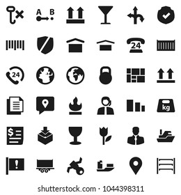Flat vector icon set - route vector, earth, map pin, attention, satellite, phone 24, support, client, traking, ship, truck trailer, sea container, receipt, consolidated cargo, document, glass, dry