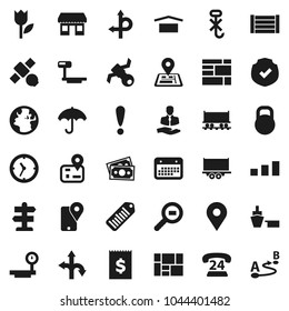 Flat vector icon set - route vector, signpost, navigator, earth, map pin, Railway carriage, attention, office, satellite, money, phone 24, client, traking, truck trailer, clock, calendar, receipt