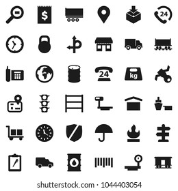 Flat vector icon set - route vector, signpost, navigator, earth, map pin, Railway carriage, office, satellite, traffic light, phone, 24, truck trailer, delivery, car, clock, receipt, port, clipboard