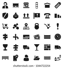 Flat vector icon set - route vector, signpost, navigator, Railway carriage, attention, office, satellite, money, traffic light, phone 24, support, traking, ship, sea container, delivery, clock, dry