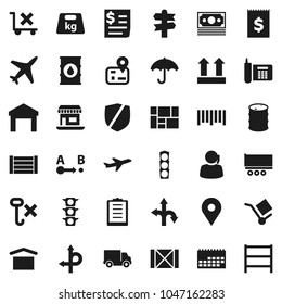 Flat vector icon set - route vector, signpost, navigator, map pin, office, plane, money, traffic light, phone, support, truck trailer, delivery, calendar, receipt, wood box, consolidated cargo, dry