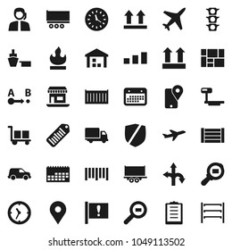Flat vector icon set - route vector, map pin, attention, office, plane, traffic light, support, traking, truck trailer, sea container, delivery, car, clock, calendar, port, wood box, clipboard