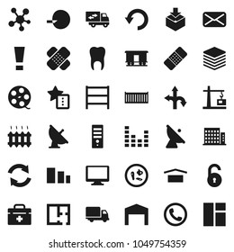 Flat vector icon set - route vector, sea container, delivery, dry cargo, package, sorting, shelving, Railway carriage, satellite antenna, film spool, equalizer, monitor, social media, mail, patch