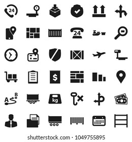 Flat vector icon set - route vector, navigator, map pin, plane, money, phone 24, client, traking, truck trailer, sea container, clock, calendar, receipt, port, wood box, consolidated cargo, document