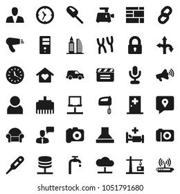Flat vector icon set - route vector, traking, car, clock, consolidated cargo, cinema clap, camera, loudspeaker, microphone, speaking man, thermometer, chromosomes, hospital bed, medical room, server