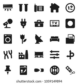 Flat vector icon set - route vector, Railway carriage, phone, document, tulip, satellite antenna, microphone, tv, thumbtack, rec button, doctor bag, vial, microbs, chromosomes, equalizer, home