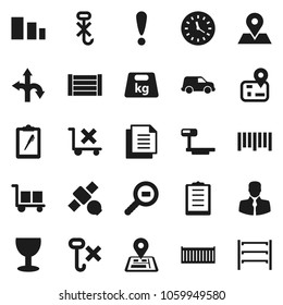 Flat vector icon set - route vector, navigator, map pin, attention, satellite, client, sea container, car, clock, wood box, clipboard, document, glass, cargo, no trolley, hook, sorting, weight