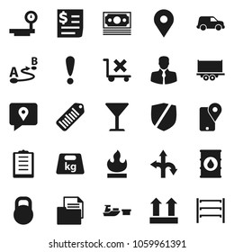 Flat vector icon set - route vector, map pin, attention, money, client, traking, truck trailer, car, receipt, port, clipboard, document, glass, top sign, no trolley, protected, weight, flammable