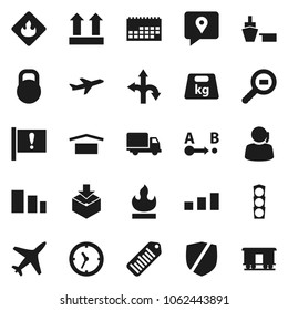 Flat vector icon set - route vector, attention, plane, traffic light, support, traking, delivery, clock, calendar, port, dry cargo, top sign, package, sorting, protected, weight, flammable, search