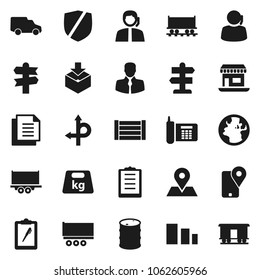 Flat vector icon set - route vector, signpost, earth, map pin, Railway carriage, office, phone, support, client, traking, truck trailer, car, wood box, clipboard, document, package, sorting, weight