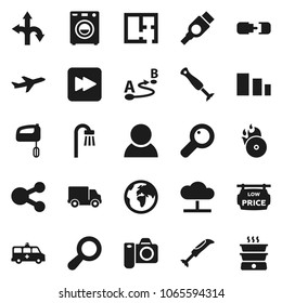 Flat vector icon set - route vector, earth, plane, delivery, sorting, music hit, forward button, hdmi, magnifier, amkbulance car, cloud network, share, connection, plan, low price signboard, bath