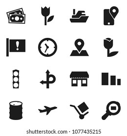Flat vector icon set - route vector, map pin, attention, office, plane, money, traffic light, traking, ship, clock, cargo, tulip, sorting, oil barrel, search
