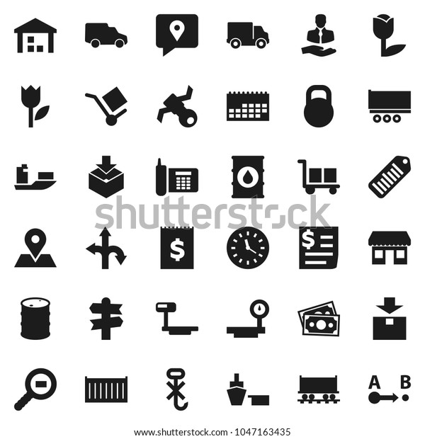Flat vector icon set - route vector, signpost, map\
pin, Railway carriage, office, satellite, money, phone, client,\
traking, ship, truck trailer, sea container, delivery, car, clock,\
calendar, port