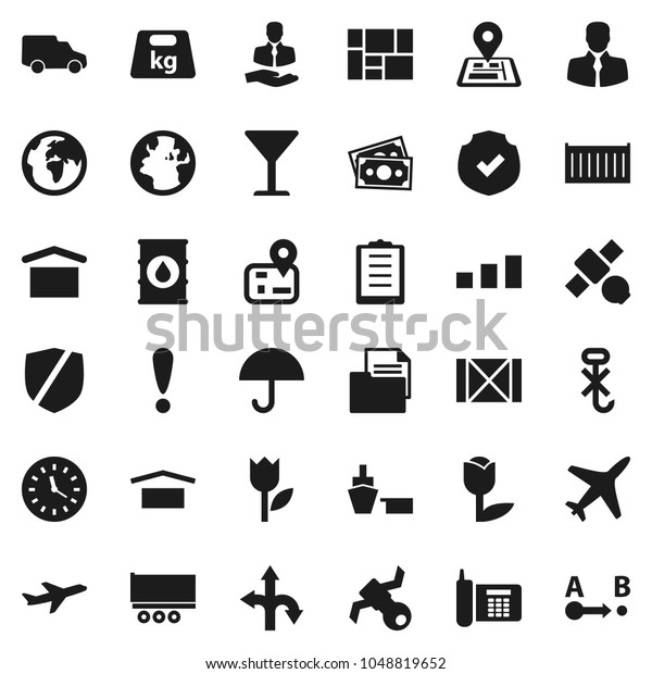 Flat vector icon set - route vector, navigator,\
earth, attention, plane, satellite, money, phone, client, truck\
trailer, sea container, car, clock, port, wood box, consolidated\
cargo, clipboard, dry
