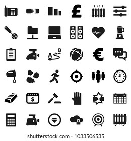 Flat vector icon set - rubber glove vector, garbage pile, skimmer, mixer, calculator, gold ingot, clock, target, man, dollar calendar, euro sign, pound, heart pulse, clipboard, run, sorting, route