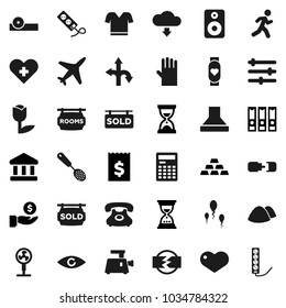 Flat vector icon set - rubber glove vector, garbage pile, skimmer, calculator, bank, investment, receipt, binder, sand clock, gold ingot, t shirt, heart monitor, run, route, plane, phone, tulip, eye