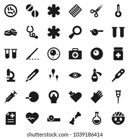 Flat vector icon set - rubber glove vector, heart pulse, first aid kit, ambulance star, cross, thermometer, flask, vial, eye, magnifier, insemination, syringe, crutches, scissors, scalpel, pills