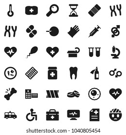 Flat vector icon set - rubber glove vector, heart pulse, first aid kit, doctor bag, disabled, cross, thermometer, vial, gender sign, magnifier, insemination, syringe, broken bone, sand clock, patch