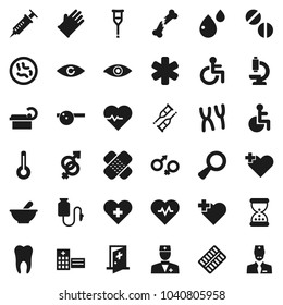 Flat vector icon set - rubber glove vector, heart pulse, cross, ambulance star, disabled, doctor, thermometer, eye, gender sign, magnifier, syringe, crutches, broken bone, sand clock, patch, pills