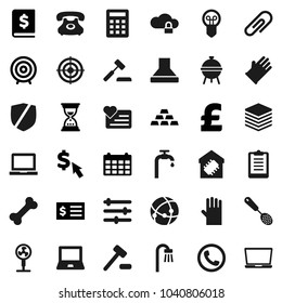 Flat vector icon set - rubber glove vector, skimmer, bbq, notebook pc, annual report, receipt, target, sand clock, calendar, dollar cursor, pound, gold ingot, clipboard, heart monitor, bone, phone