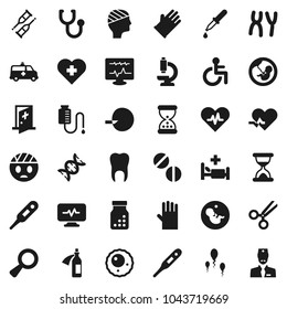 Flat vector icon set - rubber glove vector, heart cross, disabled, pulse, thermometer, dna, magnifier, pregnancy, insemination, dropper, crutches, scissors, sand clock, stethoscope, pills, bottle