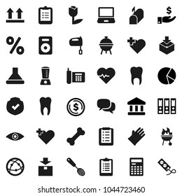 Flat vector icon set - rubber glove vector, skimmer, mixer, bbq, calculator, clipboard, bank, dollar coin, pie graph, investment, binder, heart pulse, cross, bone, phone, top sign, tulip, package