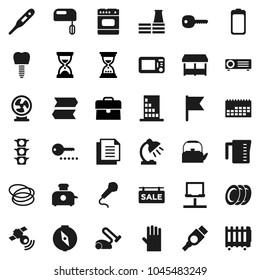 Flat vector icon set - rubber glove vector, kettle, measuring cup, plates, table lamp, compass, flag, case, sand clock, hoop, traffic light, calendar, document, satellitie, battery, hdmi, key, mixer