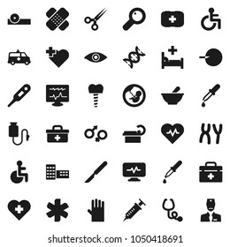Flat vector icon set - rubber glove vector, school building, heart pulse, cross, first aid kit, doctor bag, ambulance star, disabled, thermometer, eye, gender sign, dna, magnifier, pregnancy, patch