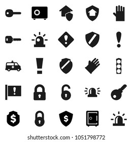 Flat vector icon set - rubber glove vector, dollar shield, safe, attention, traffic light, amkbulance car, lock, unlock, key, sign, siren, home protect, password