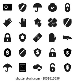 Flat vector icon set - rubber glove vector, cook, dollar shield, safe, umbrella, protected, patch, cloud, lock, unlock, home protect