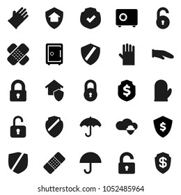 Flat vector icon set - rubber glove vector, cook, dollar shield, safe, umbrella, protected, patch, cloud, lock, unlock, home protect