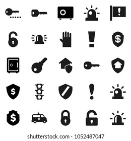 Flat vector icon set - rubber glove vector, dollar shield, safe, attention, traffic light, amkbulance car, lock, unlock, key, sign, siren, home protect, password