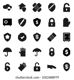 Flat vector icon set - rubber glove vector, cook, dollar shield, safe, umbrella, protected, patch, cloud, lock, unlock, home protect